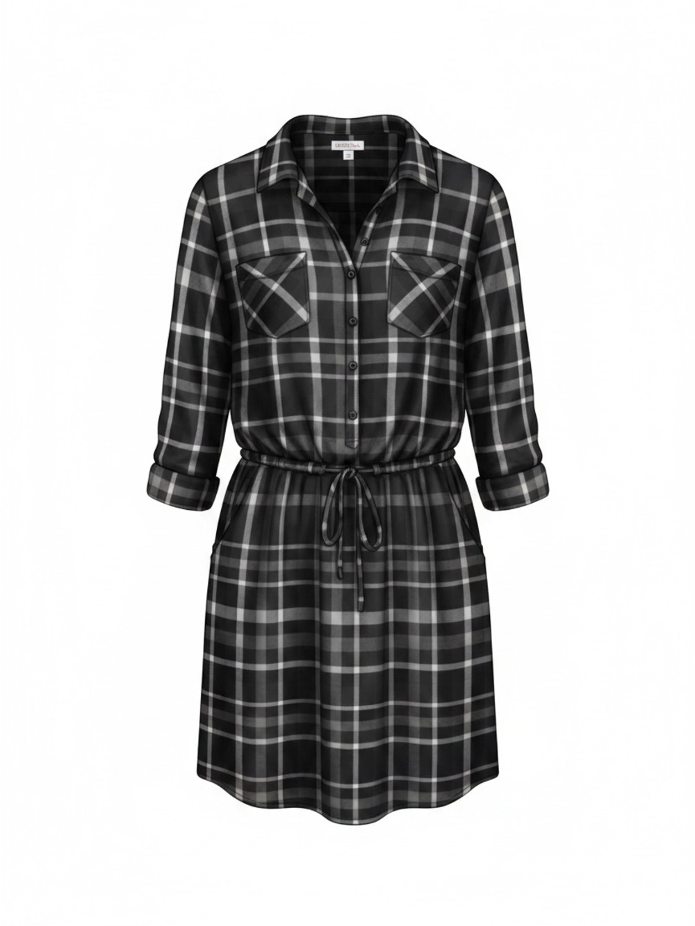 Merona Black Plaid Long-Sleeve Drawstring Shirt Dress